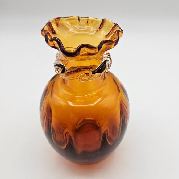 Pilgrim Glass Bud Vase Honey Amber Hand Blown Art Glass Ruffle Rim Vintage - Picture 5 of 10